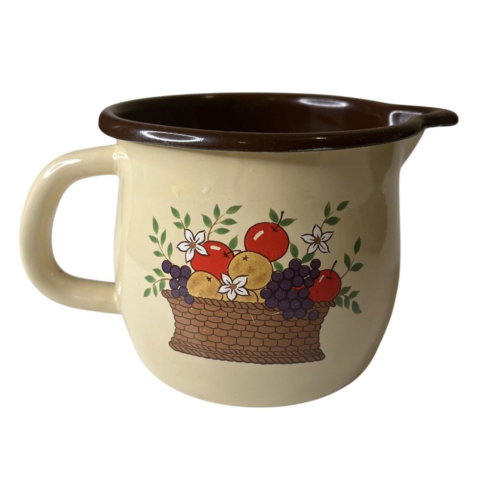 1986 FTD Vintage Enameled Metal Tan Cup‎ Fruit Basket Gravy Pitcher Country 80s